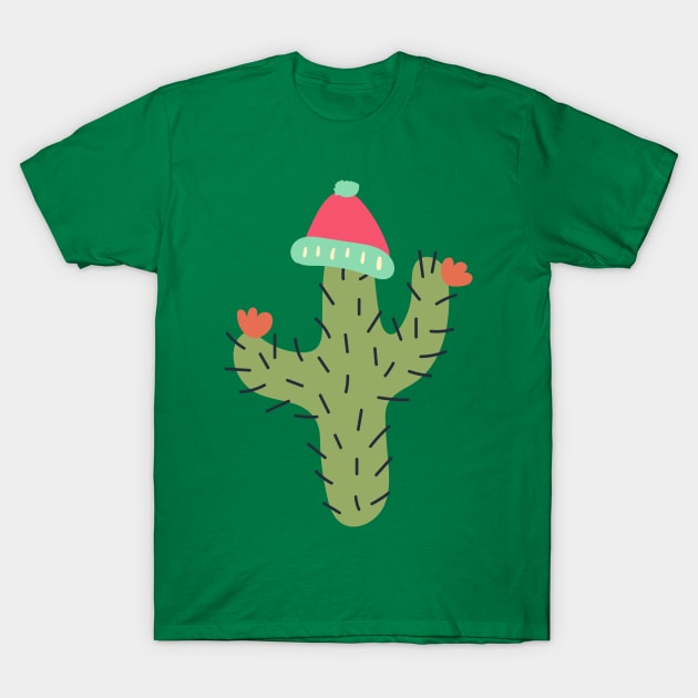 Winter Cactus Wearing Beanie Hat T-Shirt by BitterBaubles